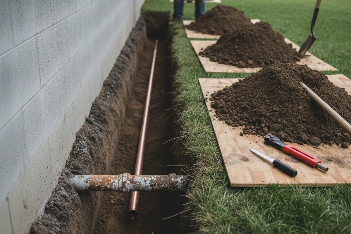 Excavated water line trench during Water Heater Repair in Greenville